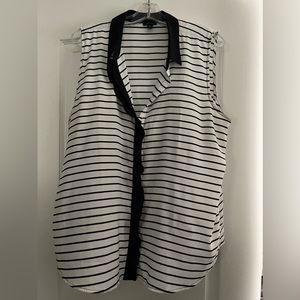 Ann Taylor sleeveless collared blouse white with navy stripes and ruffle center